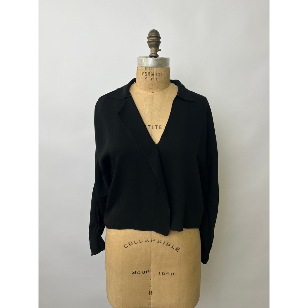 Babaton Aritzia Black Long Sleeve Wrap Front Cropped Blouse XXS Notched Collar